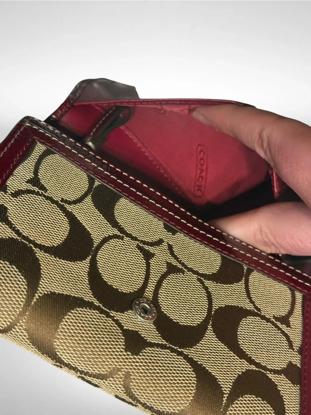 COACH Signature Canvas Leather Trifold Wallet Red Khaki Logo Wallet Y2K Vintage